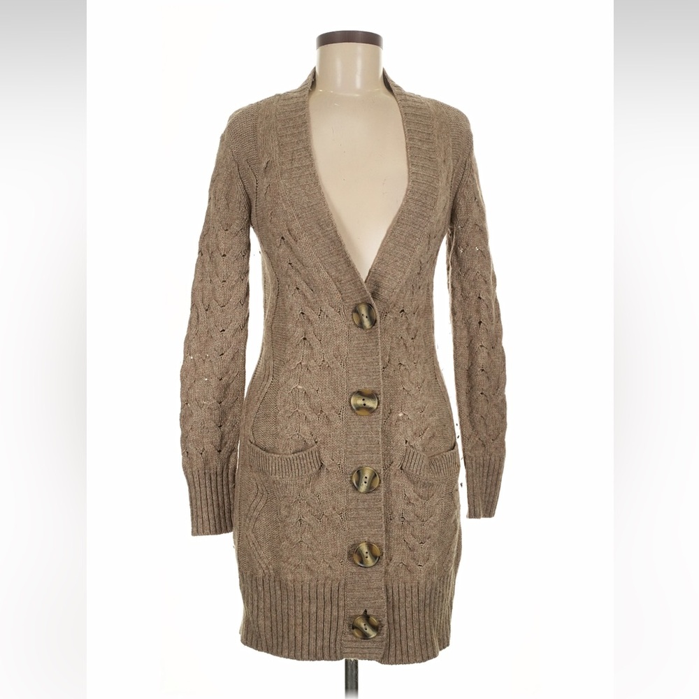 Vince Long Cable-Knit Button Cardigan Sweater - Taupe